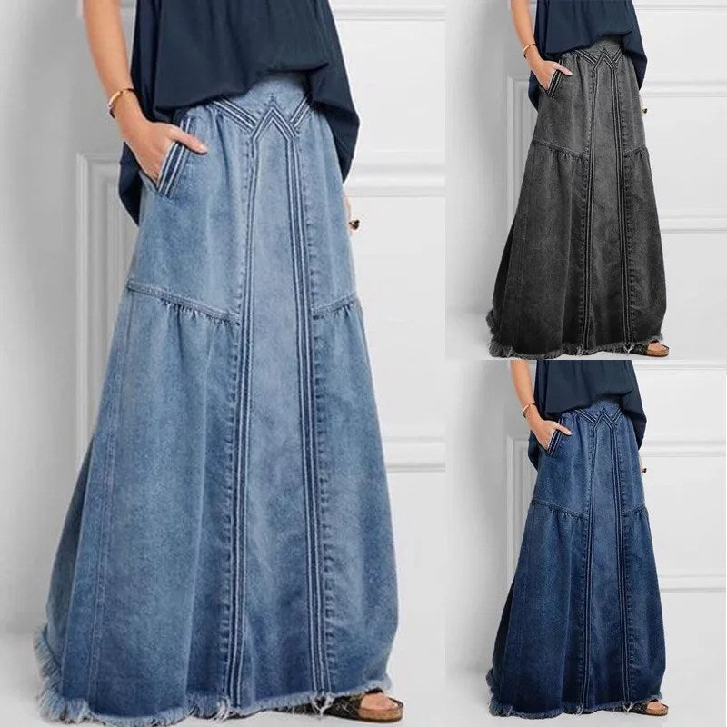 Rallah - Oversized Denim Maxi Skirt with Pockets