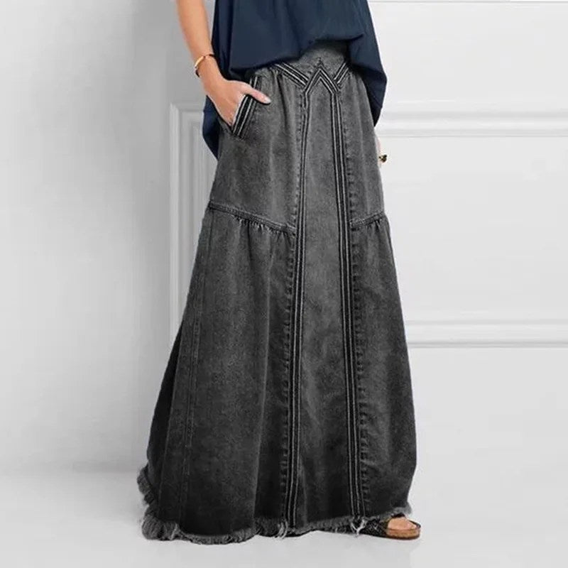 Rallah - Oversized Denim Maxi Skirt with Pockets