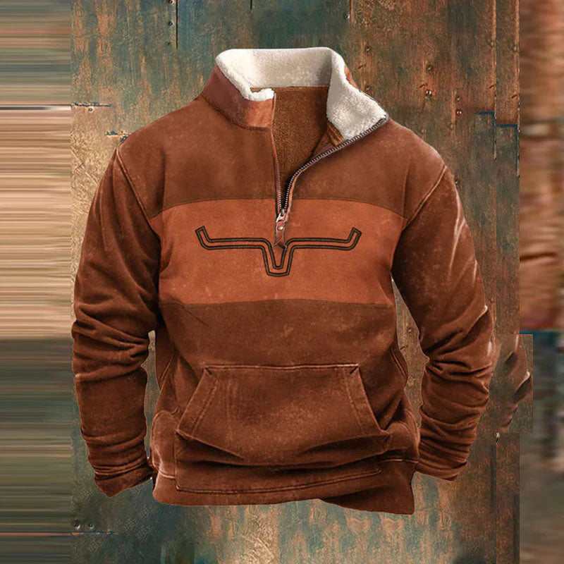 Clint - Cozy Western Zip-Up Jumper with Longhorn Detail