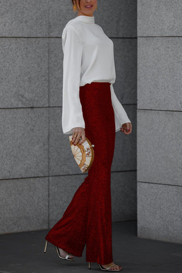 Red Wine High Rise Elastic Waist Flare Pants