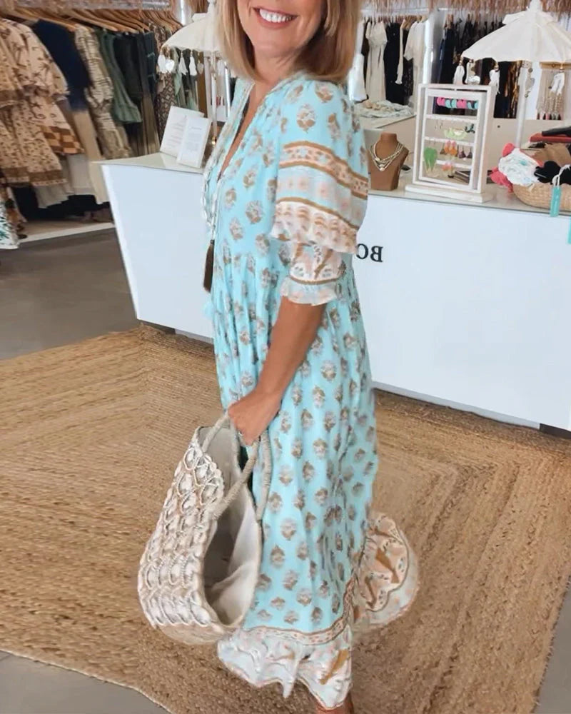 Monica - Printed V-Neck Half Sleeve Dress