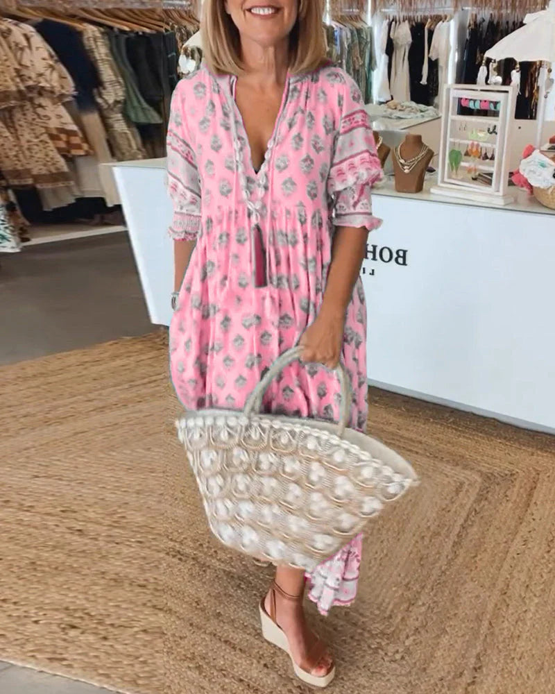 Monica - Printed V-Neck Half Sleeve Dress