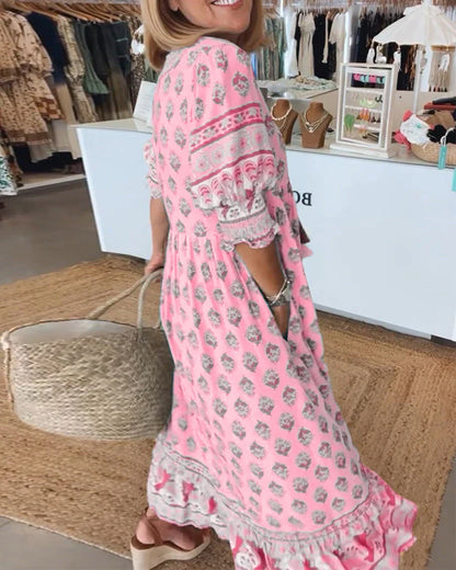 Monica - Printed V-Neck Half Sleeve Dress