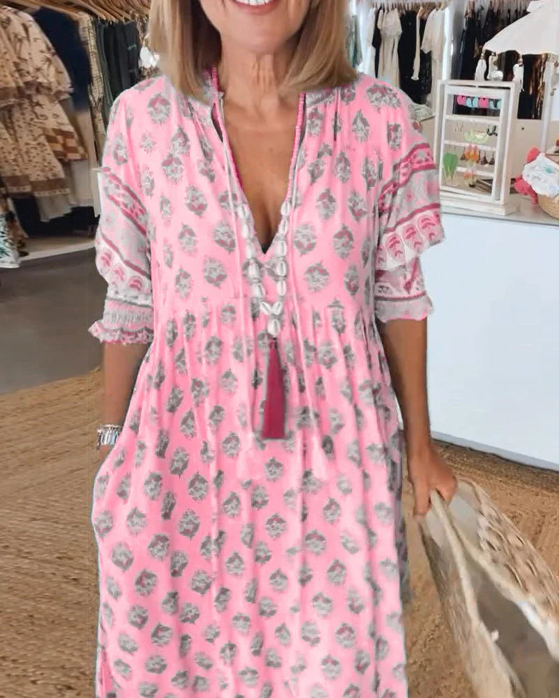 Monica - Printed V-Neck Half Sleeve Dress