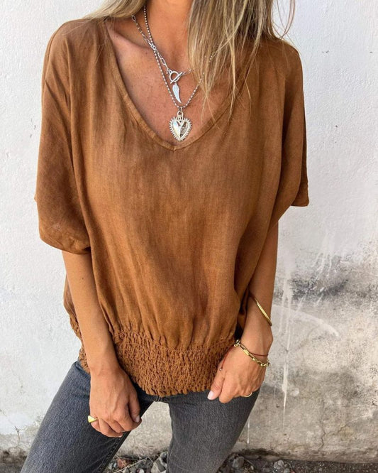 Bomia - Comfortable Waisted T-Shirt with V-Neckline