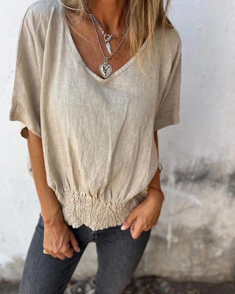 Bomia - Comfortable Waisted T-Shirt with V-Neckline