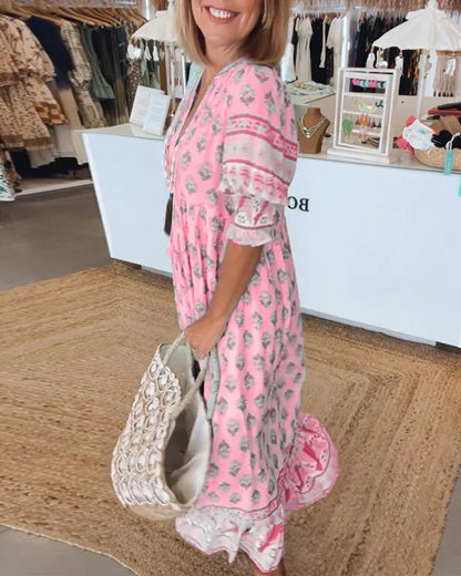 Monica - Printed V-Neck Half Sleeve Dress