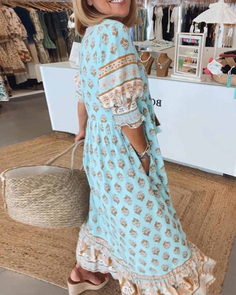 Monica - Printed V-Neck Half Sleeve Dress