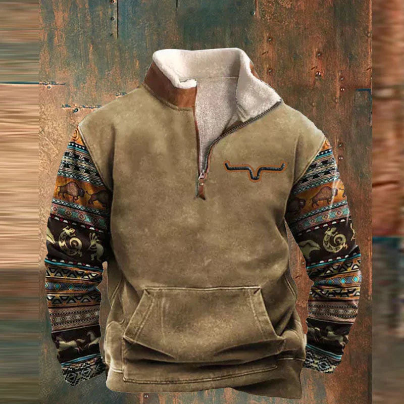 Clint - Cozy Western Zip-Up Jumper with Longhorn Detail