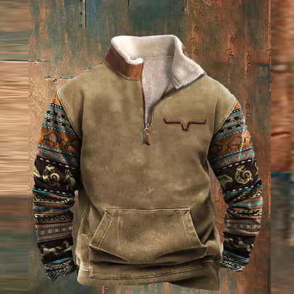 Clint - Cozy Western Zip-Up Jumper with Longhorn Detail
