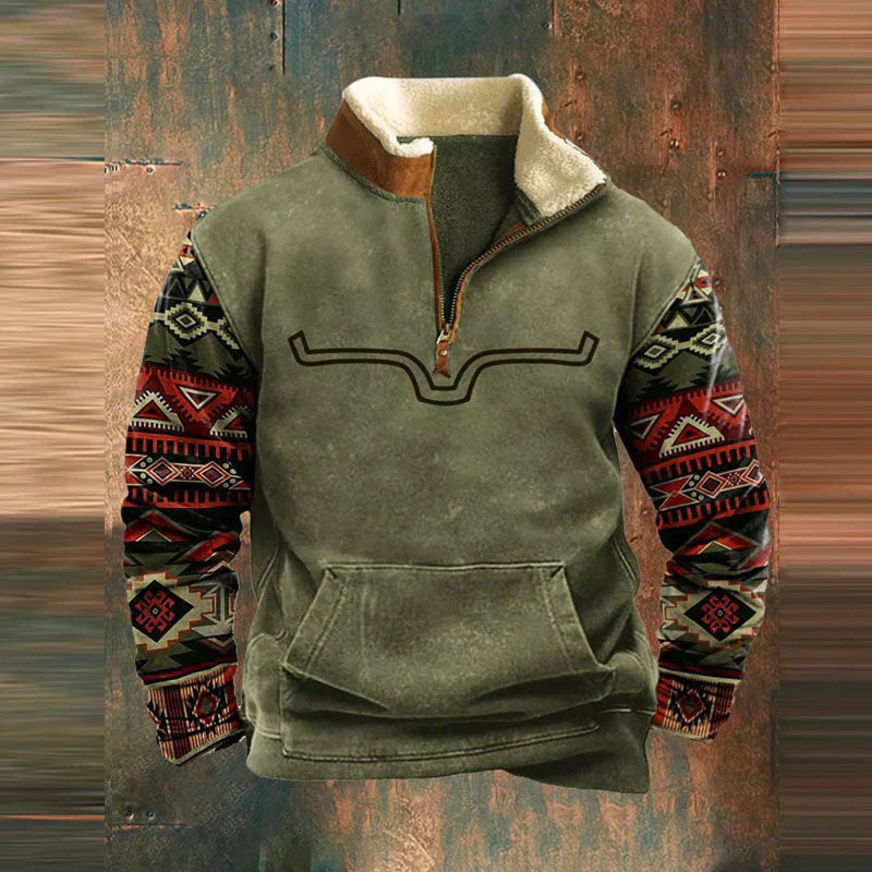 Clint - Cozy Western Zip-Up Jumper with Longhorn Detail