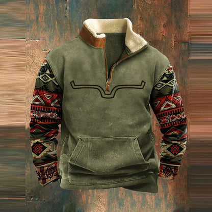 Clint - Cozy Western Zip-Up Jumper with Longhorn Detail