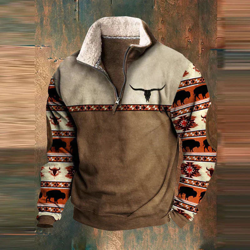 Clint - Cozy Western Zip-Up Jumper with Longhorn Detail