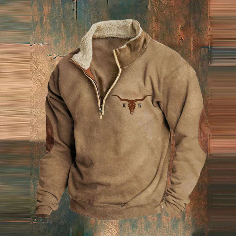 Clint - Cozy Western Zip-Up Jumper with Longhorn Detail