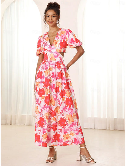 Azalea™ - Floral Puff Sleeve Summer Midi Dress
