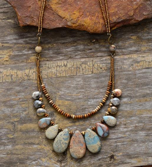 Teardrop - Natural Jasper Stone Beaded Statement Necklace