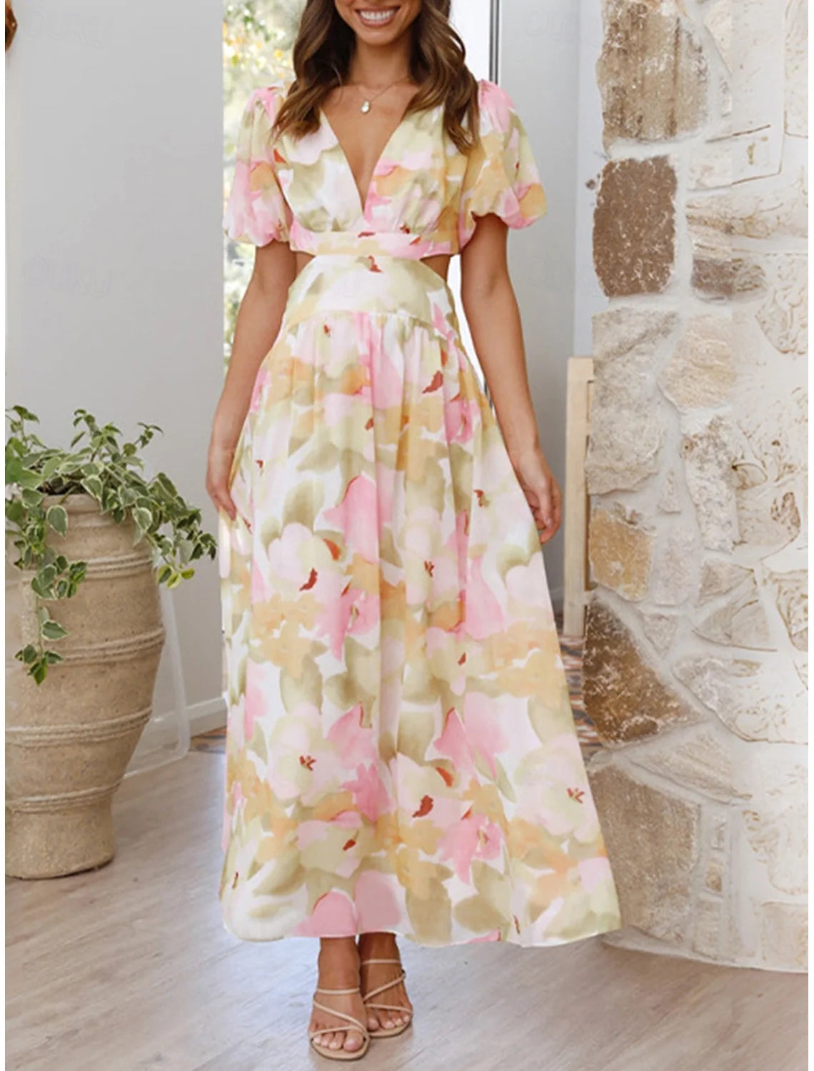 Azalea™ - Floral Puff Sleeve Summer Midi Dress